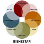 Círculos entrelazados que representan las distintas áreas del bienestar humano: emocional, espiritual, intelectual, físico, ambiental, financiero, ocupacional y social, aplicados a la vida en pareja.
