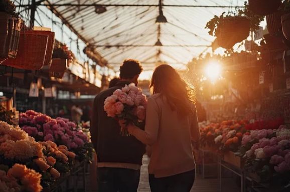 Pareja de espaldas al atardecer con flores en un mercado floreciente, simbolizando la renovación del amor