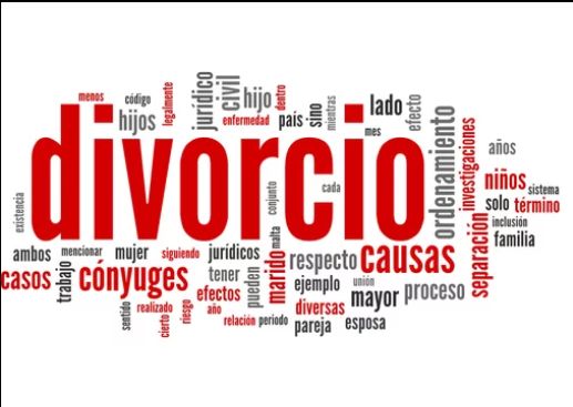 Nube de palabras sobre el divorcio con términos como hijos, causas, respeto, proceso y cónyuges, que representan los aspectos emocionales y familiares de una separación.